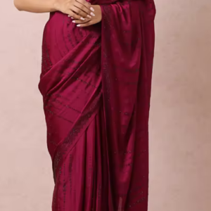 Wine Satin Saree With Stone Embellishment