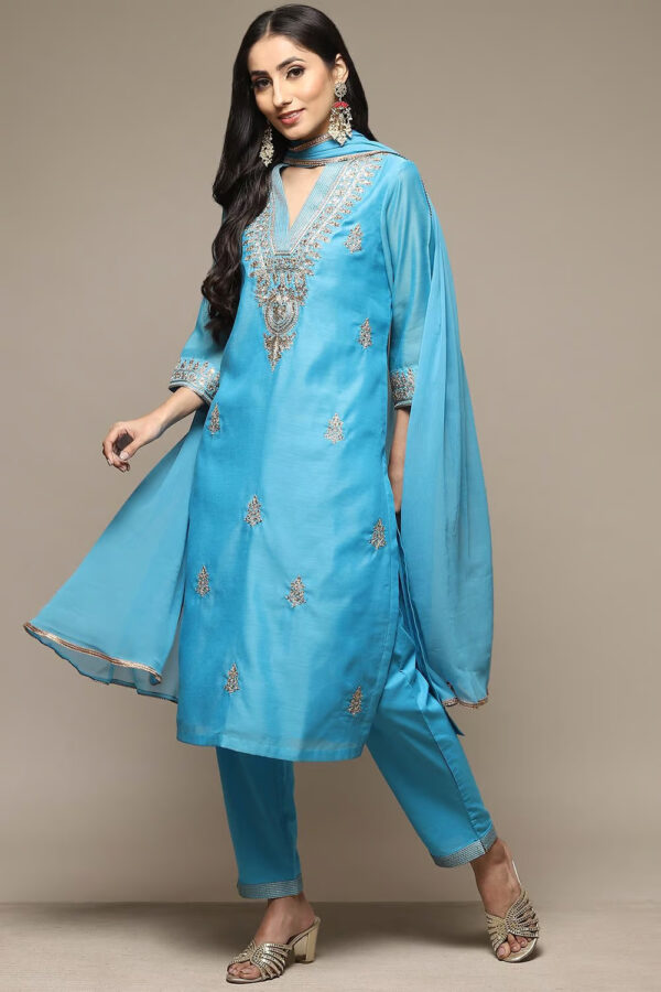 Electric Blue Cotton Blend Straight Kurta Pant Suit