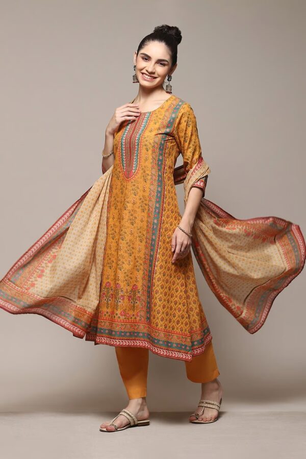 Mustard Cotton Straight Kurta Slim Pant Suit Set