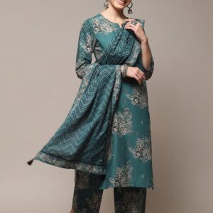 Dark Green Cotton Straight Kurta Palazzo Suit Set