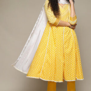 Yellow Cotton Anarkali Kurta Pant Suit