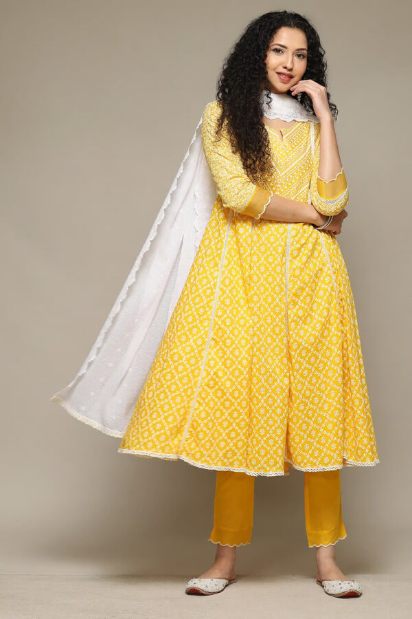 Yellow Cotton Anarkali Kurta Pant Suit