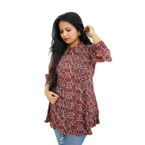 Women's Maroon Printed Tunic With shirt Collar & Three Quarter Sleeves - Sagar store