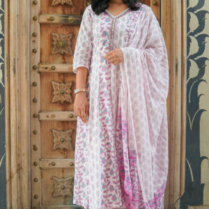 Cotton Anarkali flower print kurta with palazzo and dupatta
